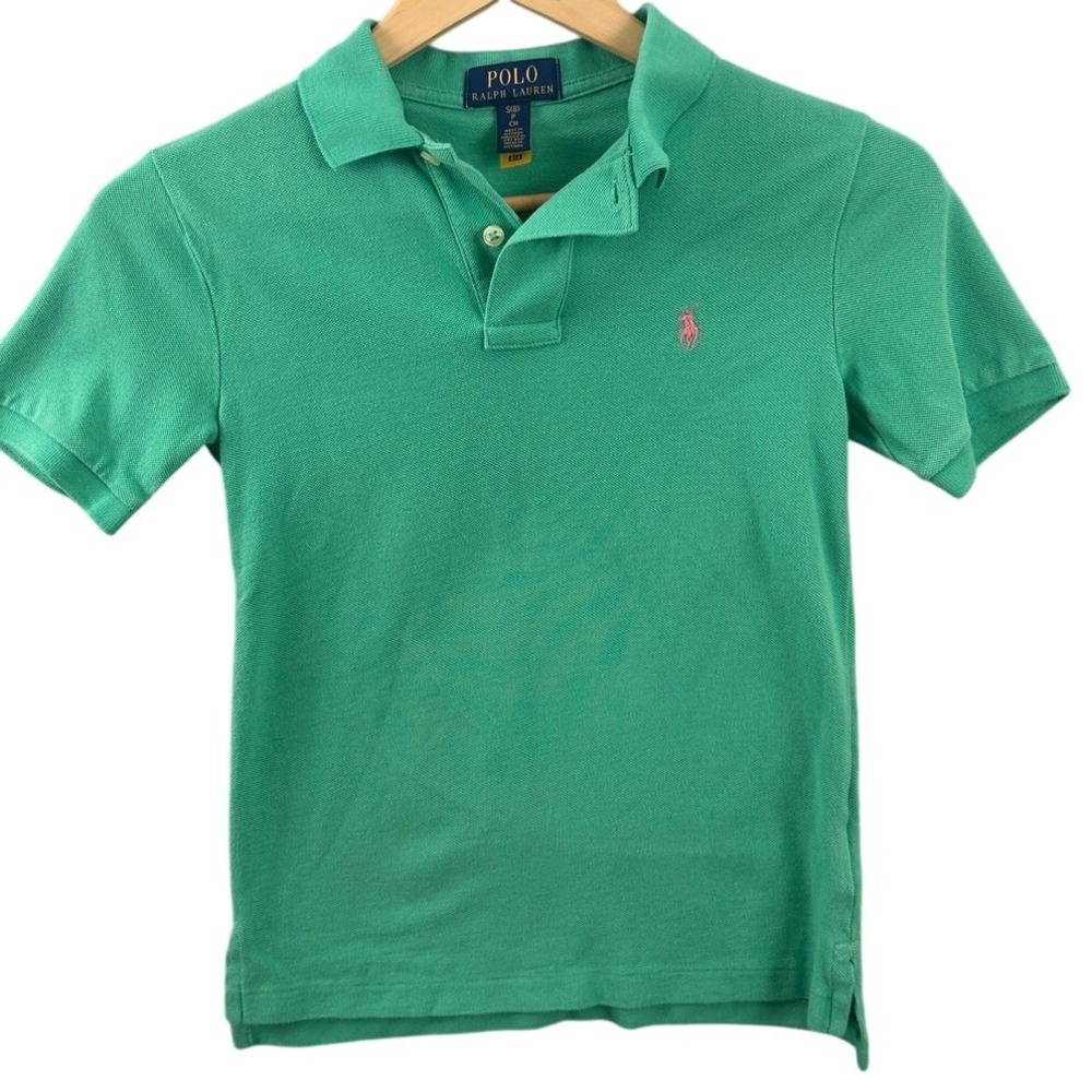 Polo Ralph Lauren Kids Green Pique Short Sleeve Polo Shirt Pink Pony Size S 8